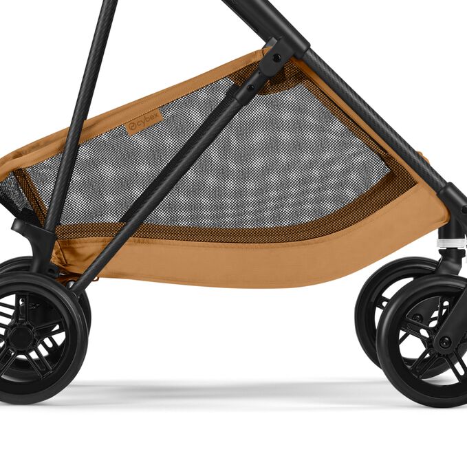 An image of the CYBEX Gold Melio Carbon Stroller, highlighting the Spacious Color-Coordinated Shopping Basket feature.