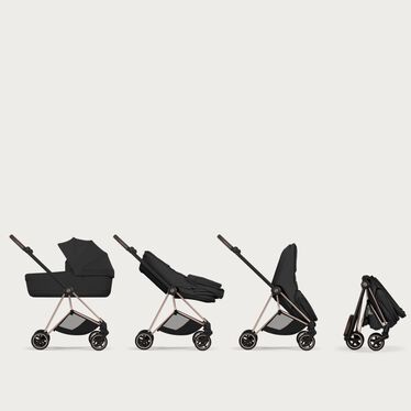 An image of the CYBEX Platinum Mios Frame - Style Collection Stroller, highlighting the Folds Compact with Cot on frame feature.