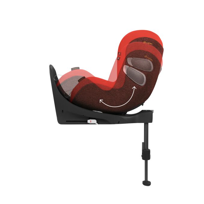 An image of the CYBEX Platinum Sirona Z i-Size Toddler Car Seat, highlighting the Recline and rotation function feature.