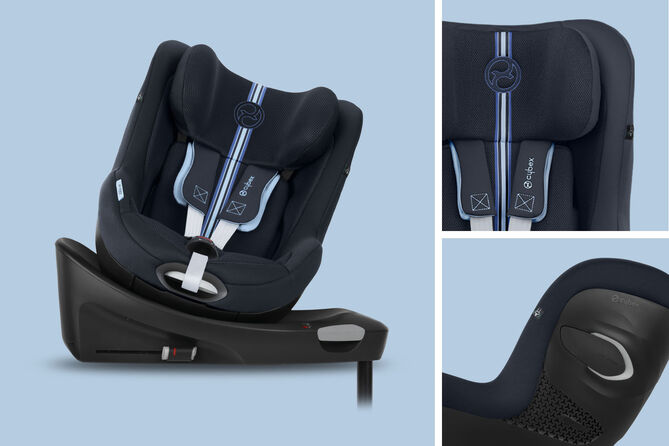 Sirona Gi car seat with 360-degree rotation and Isofix in black on a light blue background.