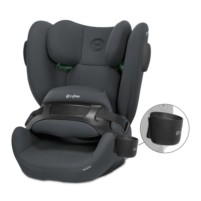 Ein Bild des CYBEX Silver Pallas B4 i-Size Toddler Car Seat, das das Merkmal Getränke immer griffbereit hervorhebt.