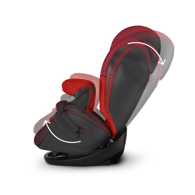 Ein Bild des CYBEX Silver Pallas M Toddler Car Seat, das das Merkmal Komfortable, einhändig einstellbare Sitz- und Liegeposition hervorhebt.