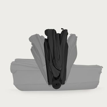 An image of the CYBEX Platinum Mios/Coya Fold Lux Carry Cot - Style Collection Stroller, highlighting the Hand Luggage Compatible when Folded off Frame feature.