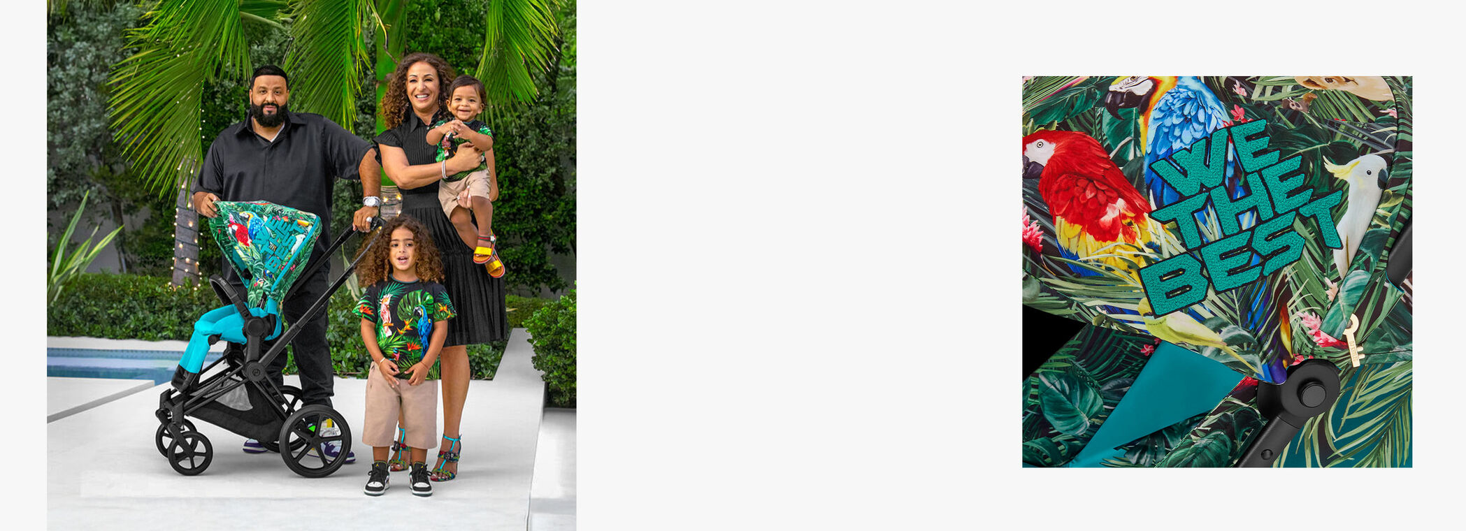 Two images, on the left, DJ Khaled and his family with a DJ Khaled pushchair, on the right, a close up that reads "We the Best"