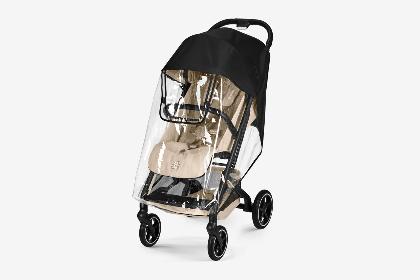 Product image of a Beezy buggy with a rain cover attached.