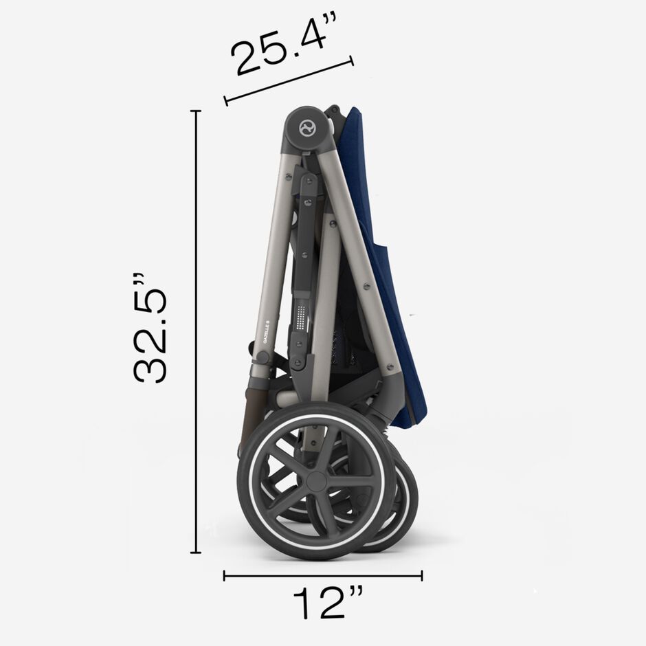 An image of the CYBEX Gold Gazelle S Sibling Stroller, highlighting the Compact Fold feature.