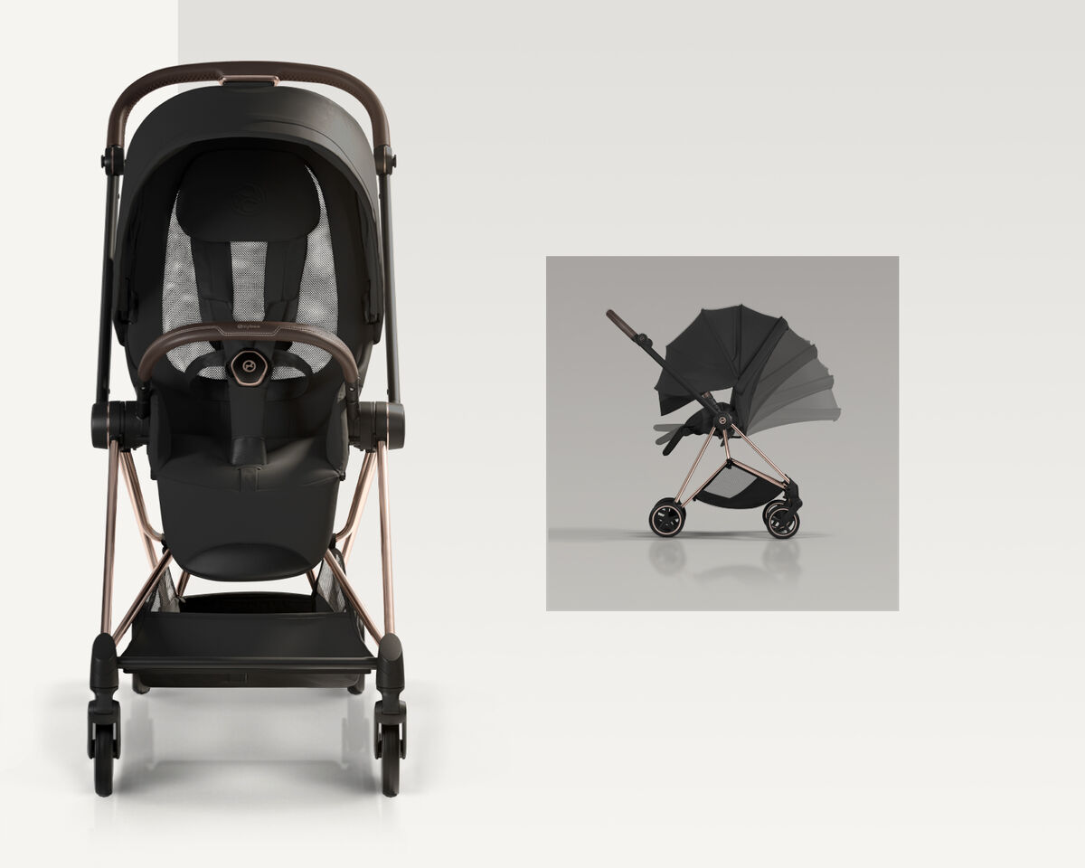 Two images of a Mios stroller. On the left, a stroller facing the user directly, on the right, a back view of it with the mesh details in focus.