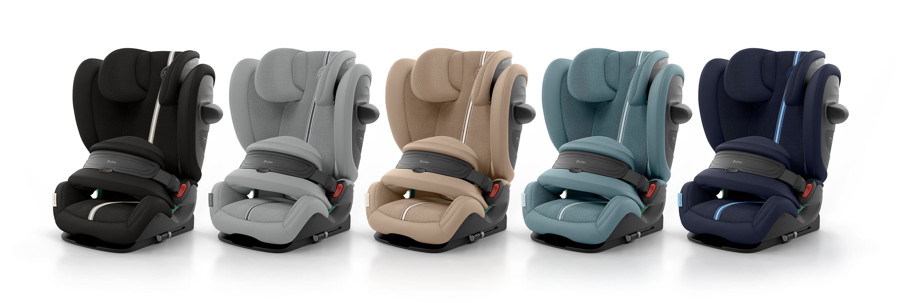 Pallas G2 growing car seat available in five colors: black, grey, beige, blue, and dark blue.