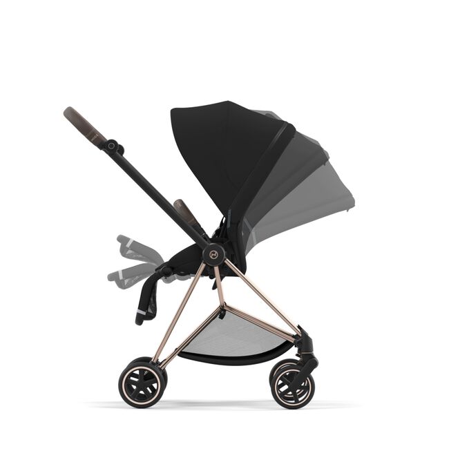 An image of the CYBEX Platinum Mios Seat Pack 2023 Stroller, highlighting the One-hand recline and fold feature.