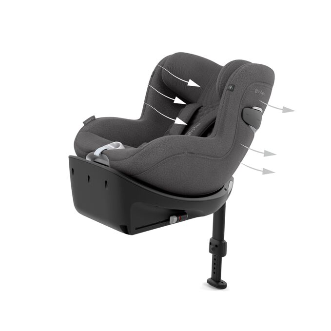 Ein Bild des CYBEX Platinum Sirona Ti Toddler Car Seat, das das Merkmal Optimale Atmungsaktivität hervorhebt.