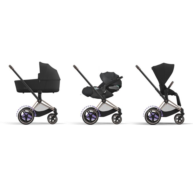 An image of the CYBEX Platinum e-Priam Frame Stroller, highlighting the Travel System Ready feature.