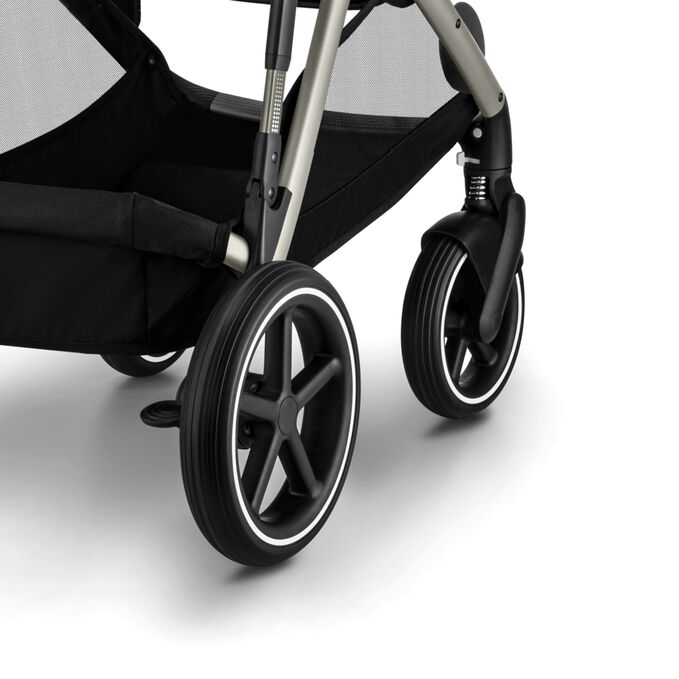 An image of the CYBEX Gold Gazelle S Sibling Stroller, highlighting the Advanced Suspension feature.