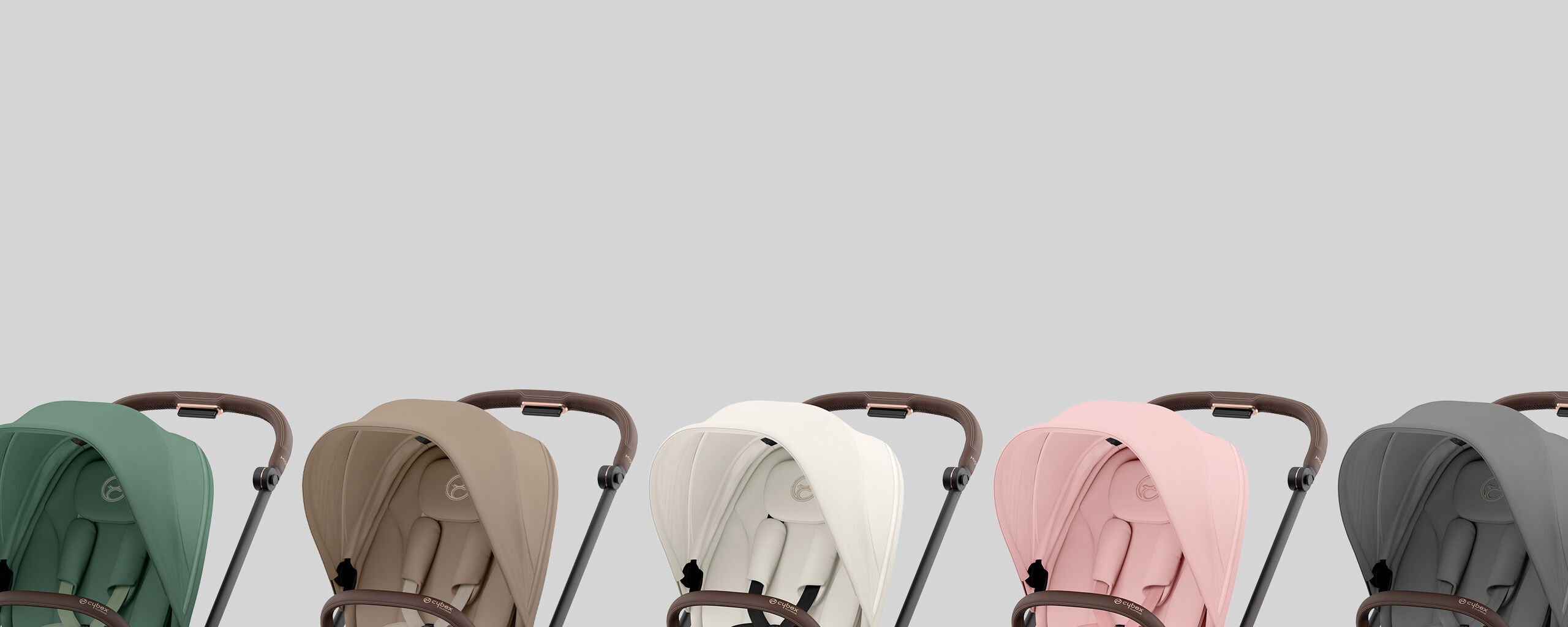 Mios stroller 3 in 1 in various colours including green, beige, white, pink, and grey.