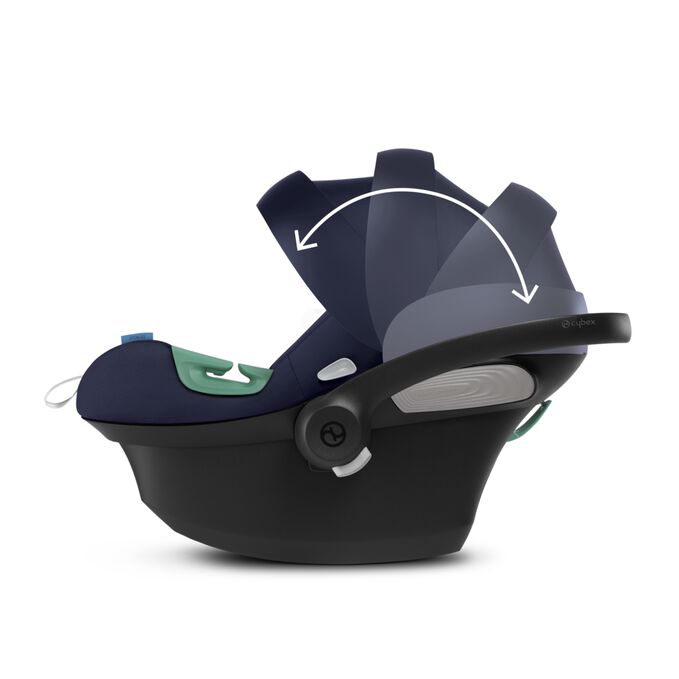 An image of the CYBEX Gold Aton S2 i-Size Infant Car Seat, highlighting the Integrated XXL Sun Canopy with UPF50+ feature.