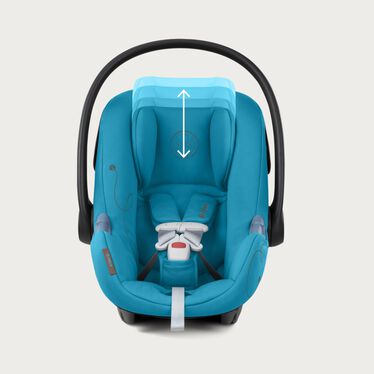 An image of the CYBEX Gold Aton G Swivel with Base Infant Car Seat, highlighting the 11-Position Adjustable, No-Rethread Harness feature.