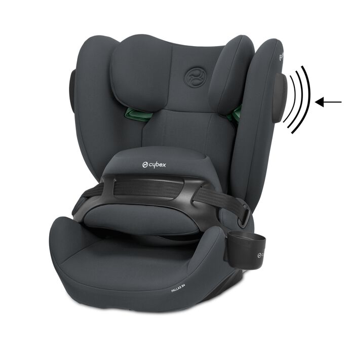 Ein Bild des CYBEX Silver Pallas B4 i-Size Toddler Car Seat, das das Merkmal Über 15% höherer Seitenaufprallschutz² hervorhebt.