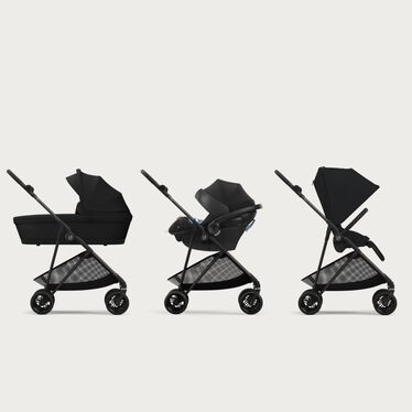 An image of the CYBEX Gold Melio Carbon Stroller, highlighting the Travel System feature.