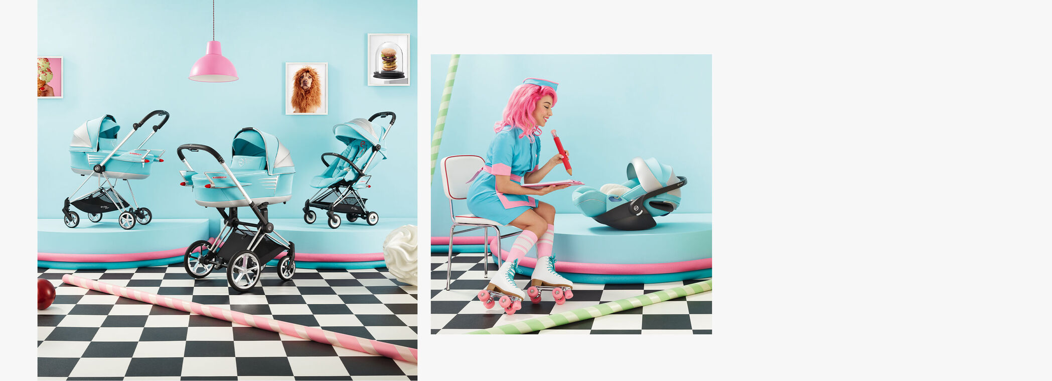 Twee afbeeldingen van de Jeremy Scott Car collectie. Links drie kinderwagens, rechts een vrouw naast een Jeremy Scott Car Cloud T.