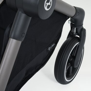 An image of the CYBEX Gold Eos Lux Stroller, highlighting the Front Wheel Suspension feature.