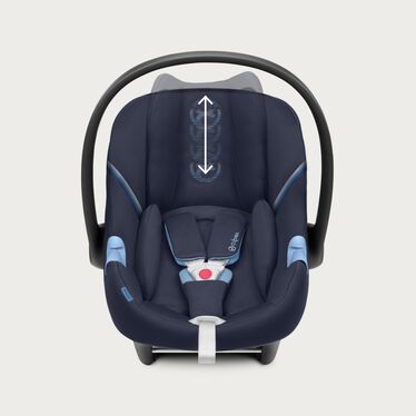 An image of the CYBEX Gold Aton M i-Size Infant Car Seat, highlighting the 11-position height-adjustable feature.