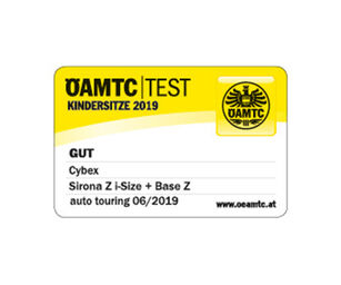 ÖAMTC test badge for child seats 2019 with a "GOOD" rating for Cybex Sirona Z i-Size + Base Z.