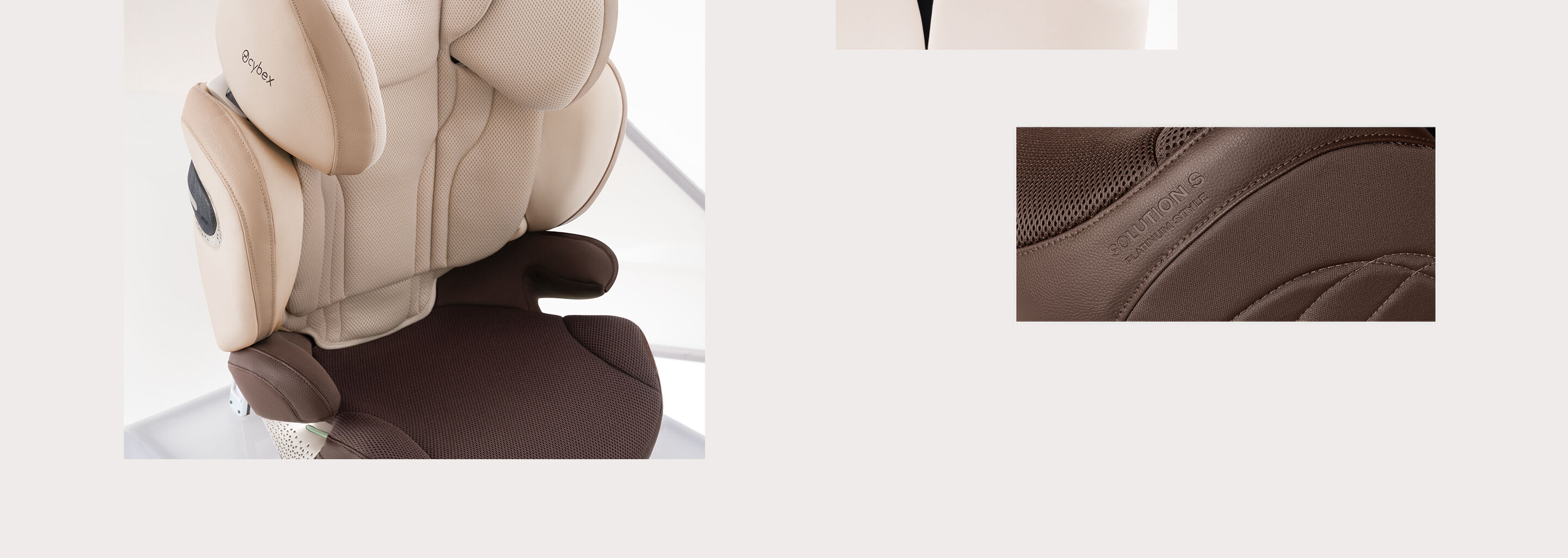Close up of the Solution S leather details and back view of the Solution S car seat.