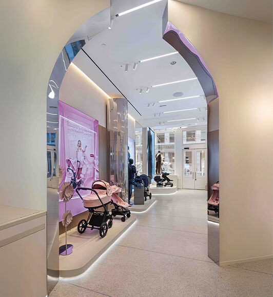 An inside look into the New York Flagship store. On the left, a display for the Simply Flowers collection.