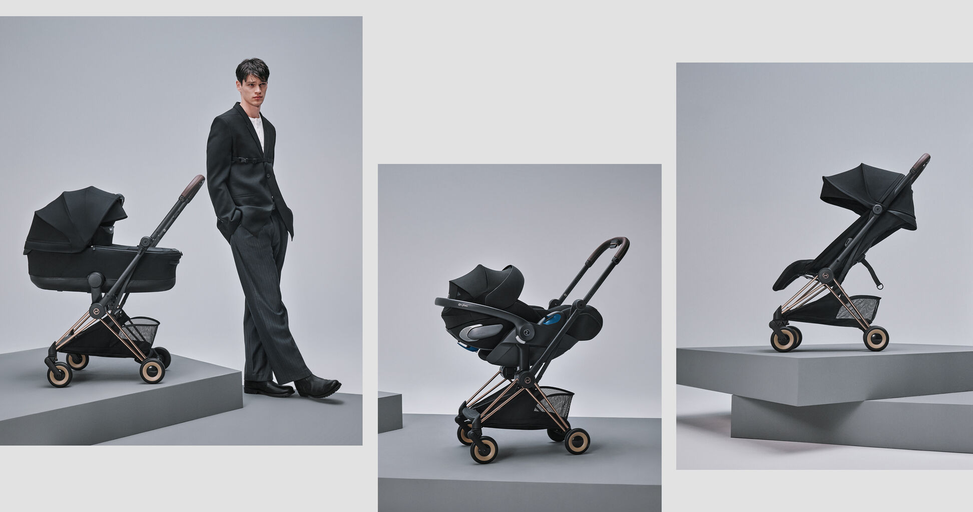 Two images. On the left, a man next to a Co&yuml;a buggy with a Cot attached. On the right, a Co&yuml;a buggy with a Seat Pack attached.