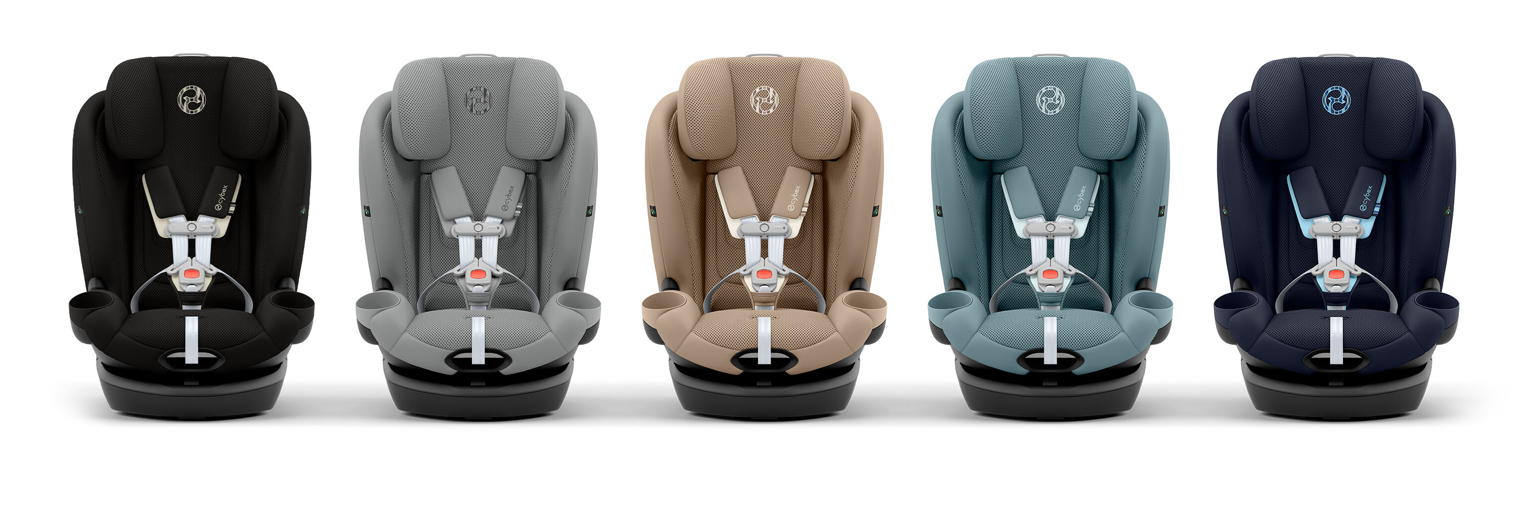 Five Callisto G 360 rotating convertible car seats in different colours side by side