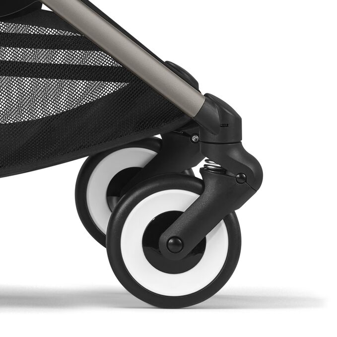 An image of the CYBEX Gold Orfeo Buggy, highlighting the Smooth Front-wheel Suspension feature.