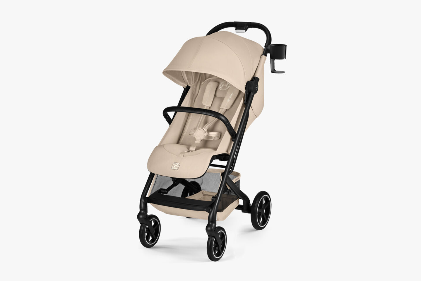 Product image of a Beezy buggy with a cup holder attached.
