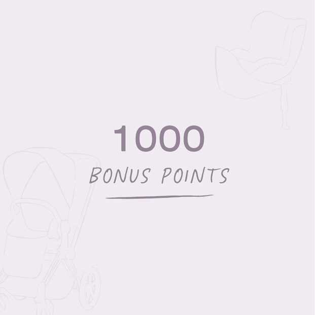 1000 bonus points on a light background with sketched outlines of a stroller and a chair.