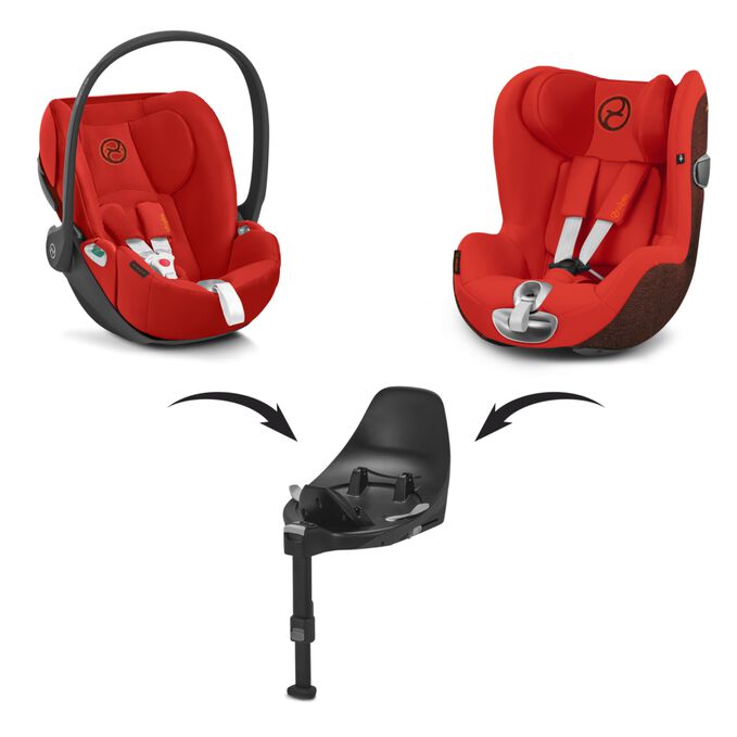 An image of the CYBEX Platinum Cloud Z2 i-Size Infant Car Seat, highlighting the One Base - Two Seats feature.