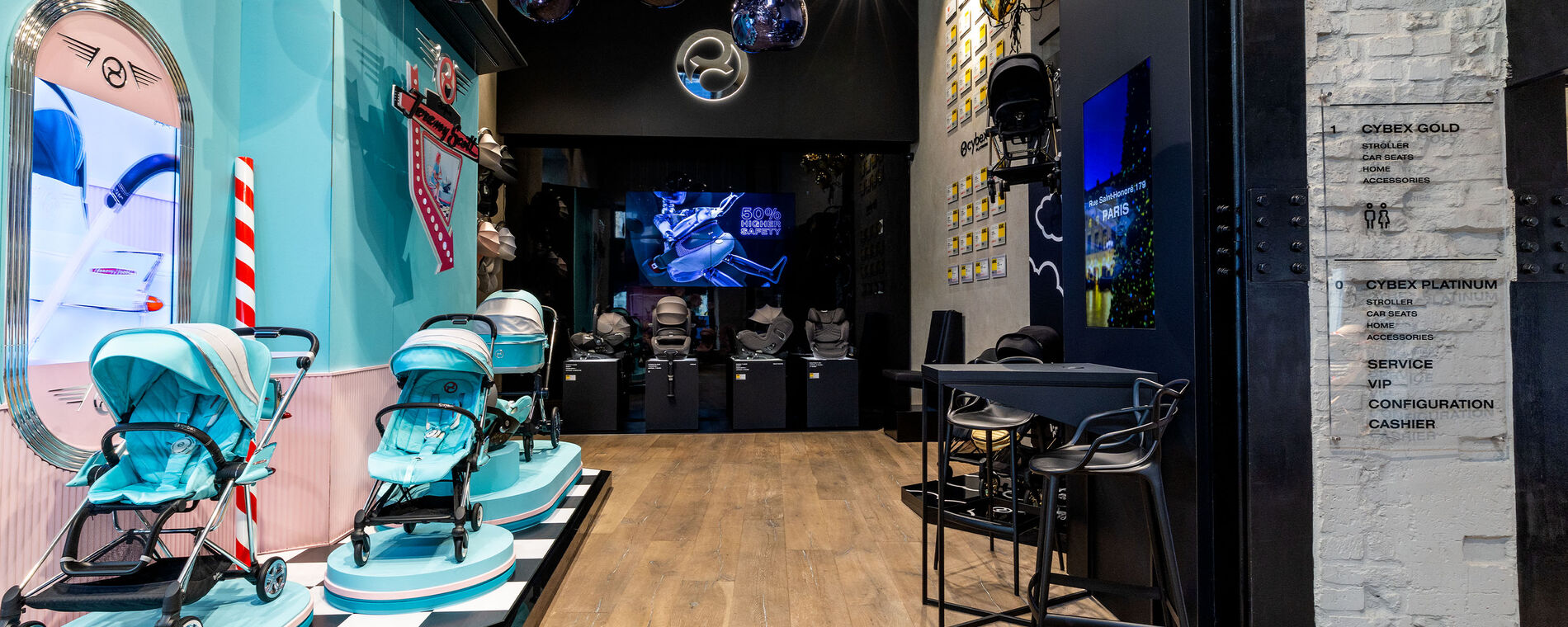Jeremy Scott Car collection on the left, CYBEX car seats in the middle, various test awards on the right.