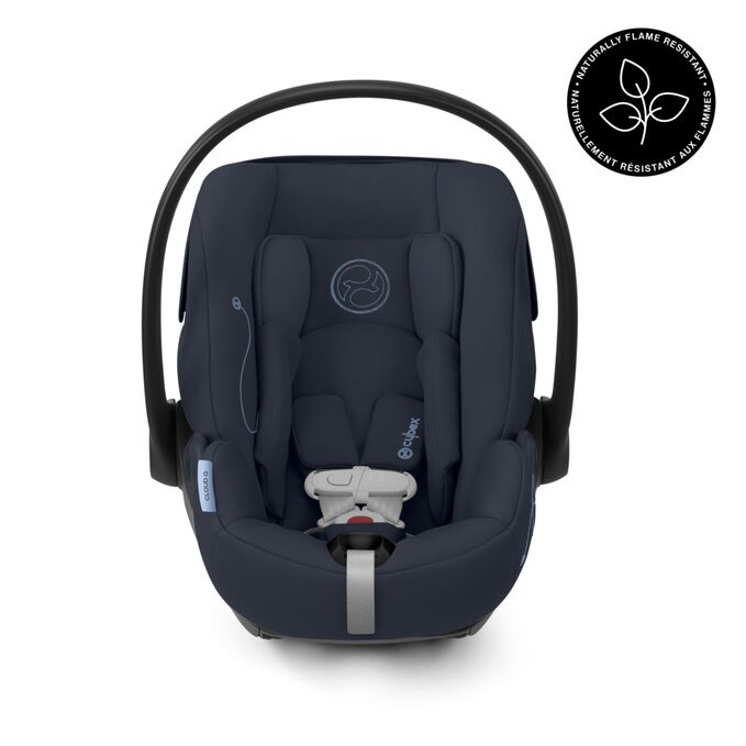 An image of the CYBEX Gold Cloud G Infant Car Seat, highlighting the Fire Retardant Chemical Free Fabric feature.