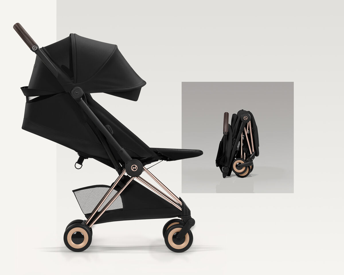 Two images of a Coya buggy. On the left, it faces the user head on, on the right, it's folded up.