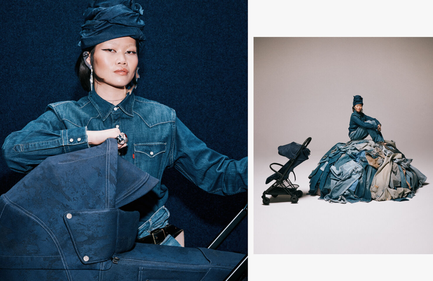 Two images. On the left, a woman sitting behind a Rebellious Luxury strollers, on the right, she's sitting on a bunch of jeans and a Rebellious Luxury lightweight stroller is next to her.