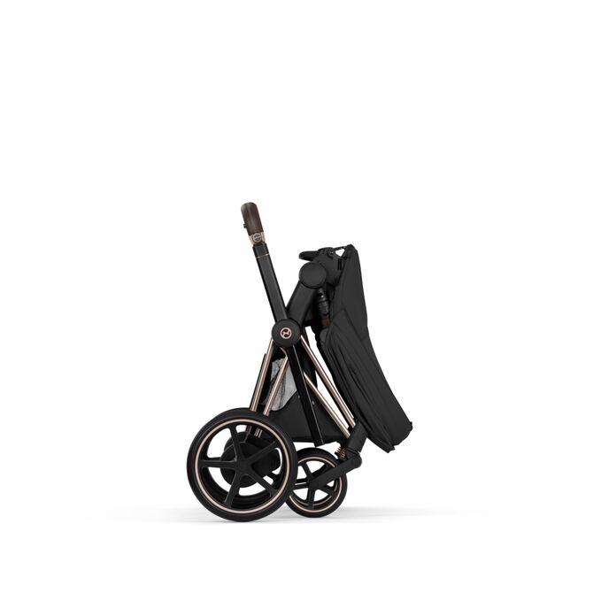 An image of the CYBEX Platinum e-Priam - Style Collection Stroller, highlighting the One-Hand Fold feature.