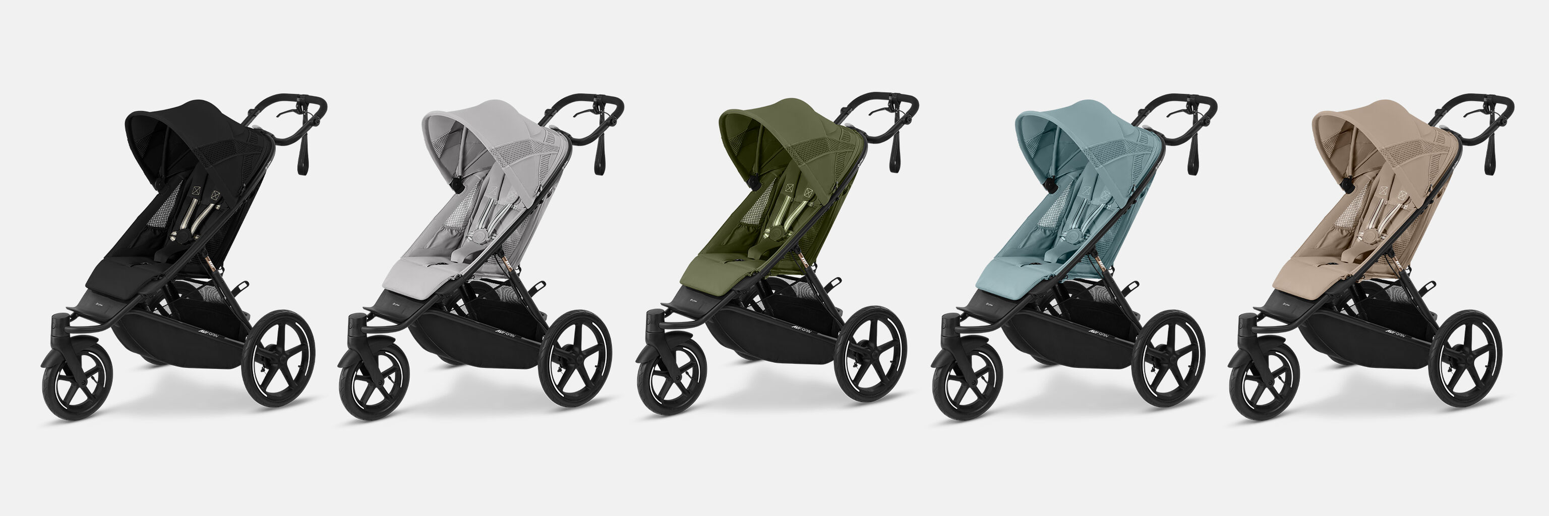 Four Avi Spin sport strollers in different colors side by side.