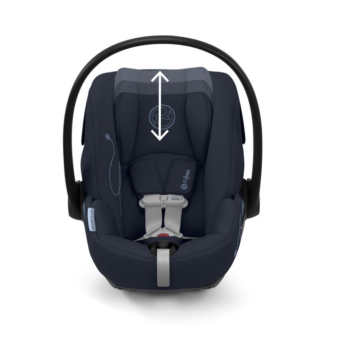 An image of the CYBEX Gold Cloud G Lux with Load Leg Base Infant Car Seat, highlighting the 12-Position Adjustable Headrest feature.