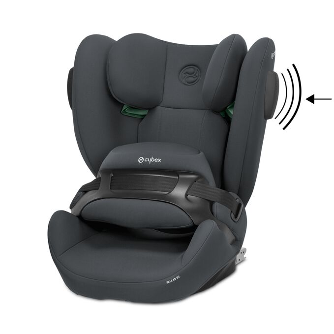 Ein Bild des CYBEX Silver Pallas B3 i-Size Toddler Car Seat, das das Merkmal Über 15% höherer Seitenaufprallschutz² hervorhebt.