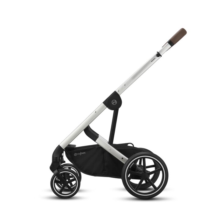 An image of the CYBEX Gold Balios S Lux Stroller, highlighting the Never-flat all terrain wheels feature.