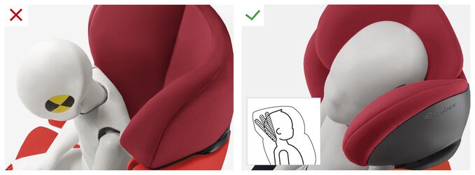 Ein Bild des CYBEX Silver Pallas M Toddler Car Seat, das das Merkmal Patentierte, neigungsverstellbare Kopfstütze hervorhebt.