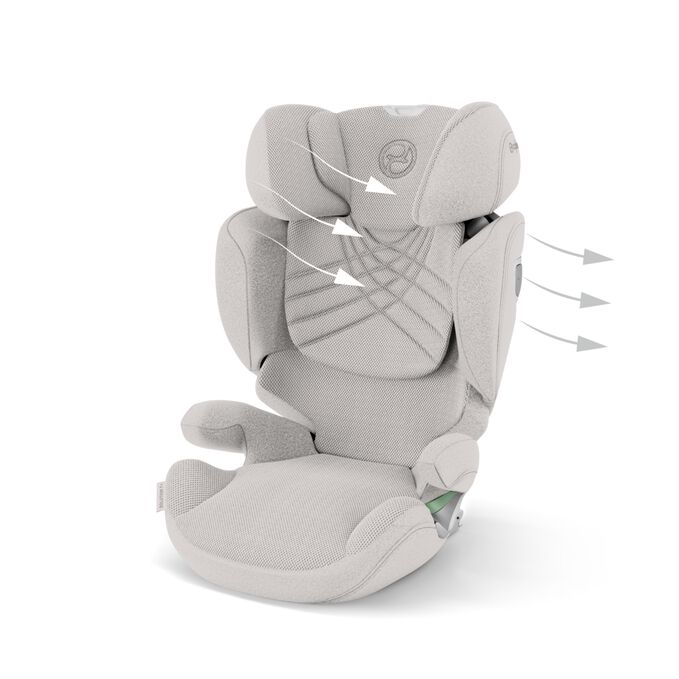 An image of the CYBEX Platinum Solution T Child Car Seat, highlighting the All-Around Air Ventilation feature.