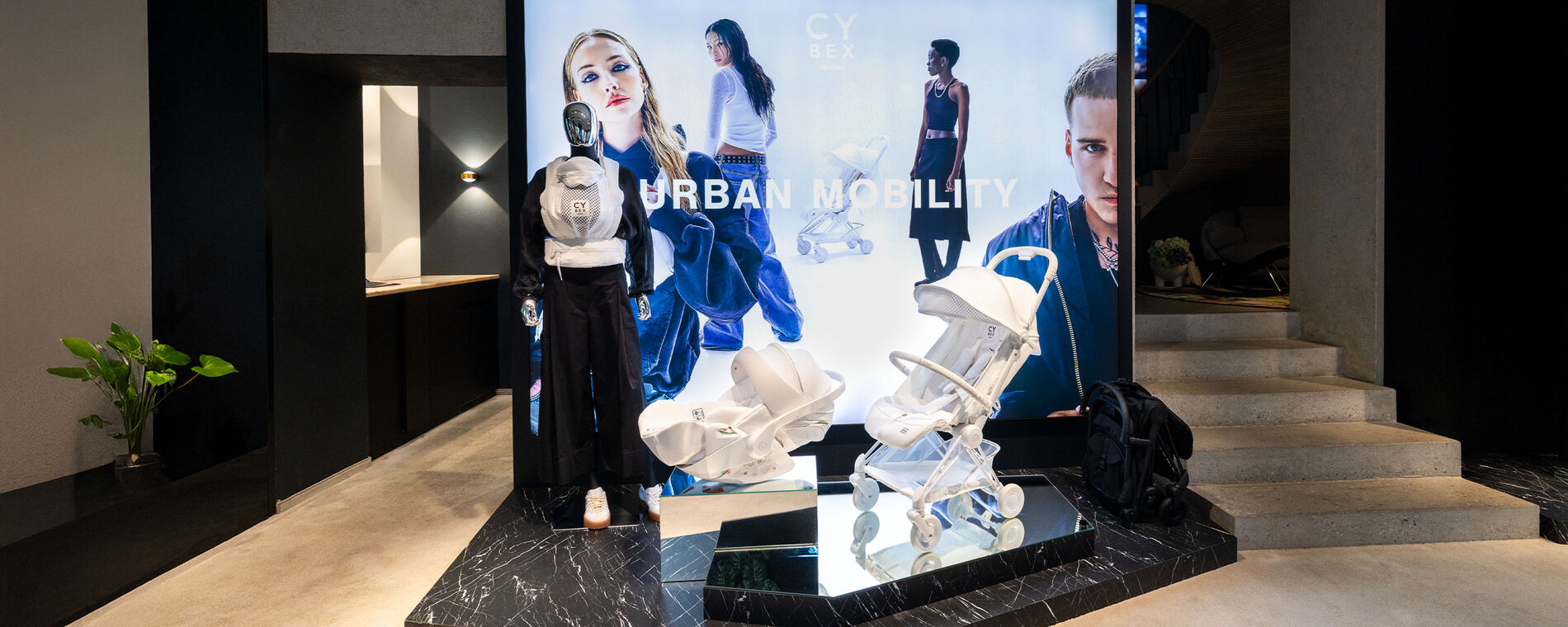 CYBEX Urban Mobility collection on display in the flagship store in Prague.