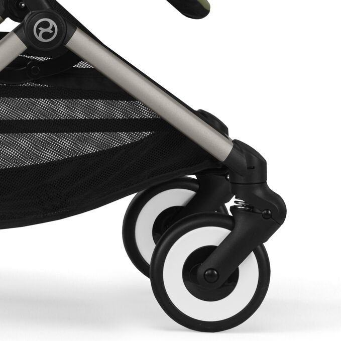 An image of the CYBEX Gold Orfeo Buggy, highlighting the Smooth Front-wheel Suspension feature.