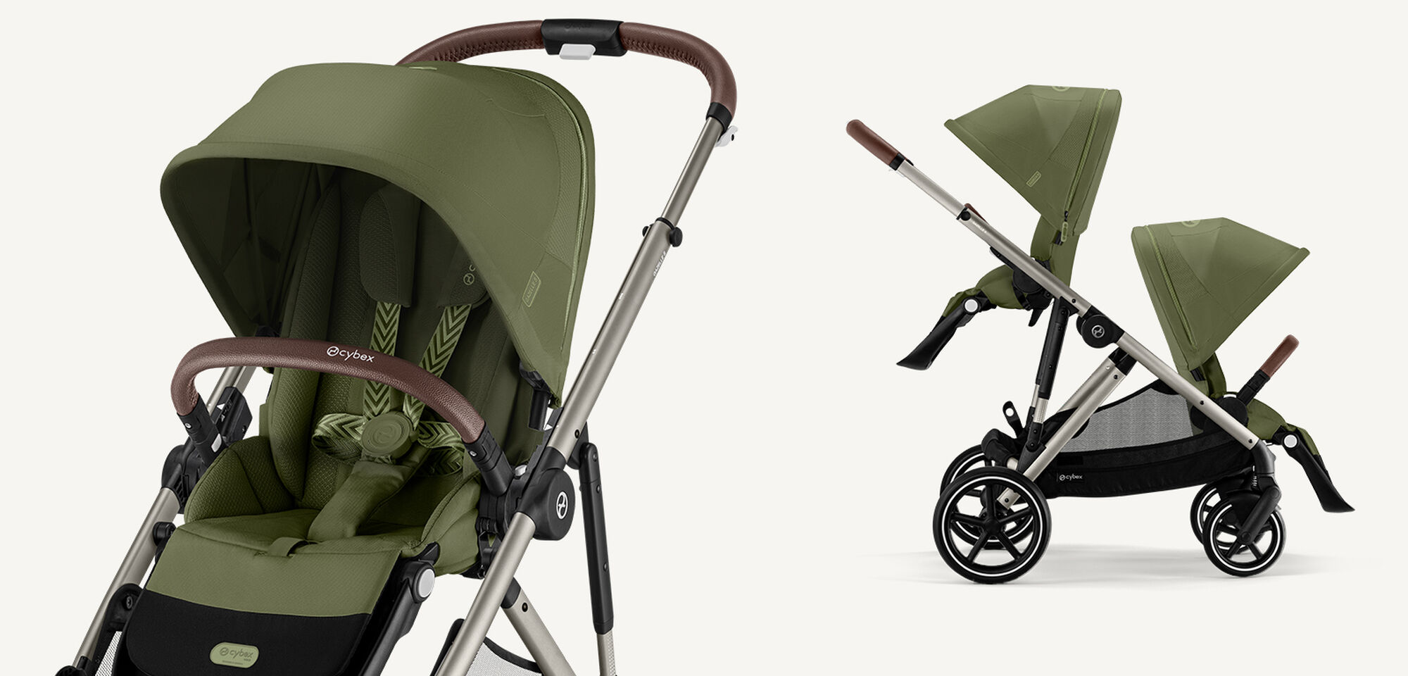 Two product shots of a Gazelle S stroller in Moss Green, one in single, one in sibling/twin mode.