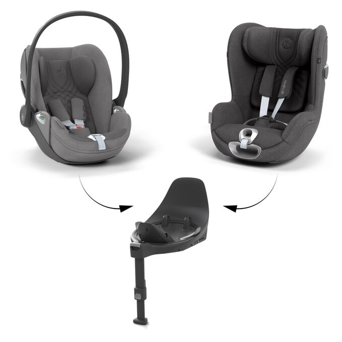 An image of the CYBEX Platinum Cloud T i-Size Infant Car Seat, highlighting the One base – two seats feature.