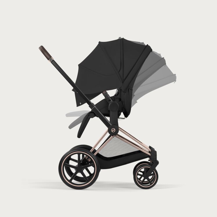 CYBEX Priam 5 stroller seat reclining with XXL extendable canopy feature.