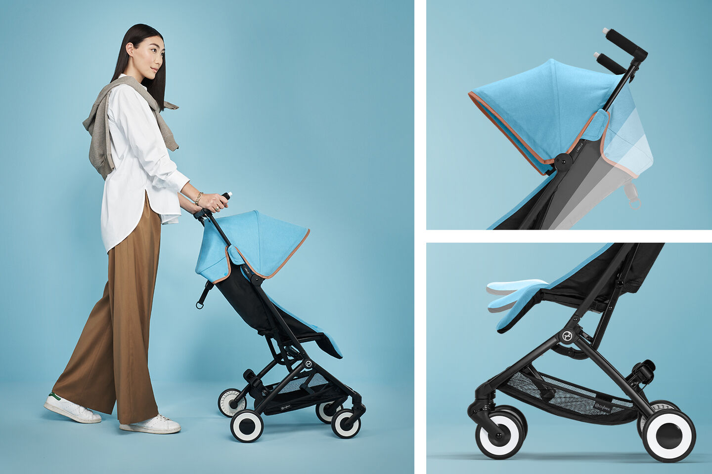 Woman pushing a blue Libelle smallest fold stroller against a blue background.
